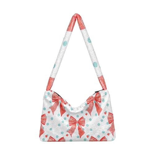 OWFKAY Plüsch Unterarmtasche Rot Schleife Polka Dots Muster Damen Flauschige Umhängetasche Frauen Flauschige Tote Bag für Herbst und Winter von OWFKAY