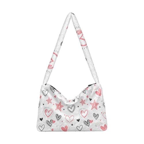 OWFKAY Plüsch Unterarmtasche Rot Schwarz Herz Sterne Muster Damen Flauschige Umhängetasche Frauen Flauschige Tote Bag für Herbst und Winter von OWFKAY