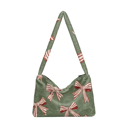 OWFKAY Plüsch Unterarmtasche Rot Weiß Gestreift Schleife Muster Damen Flauschige Umhängetasche Frauen Flauschige Tote Bag für Herbst und Winter von OWFKAY
