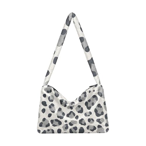 OWFKAY Plüsch Unterarmtasche - Schwarz Grau Leopard Muster Damen Flauschige Umhängetasche Frauen Flauschige Tote Bag für Herbst und Winter von OWFKAY