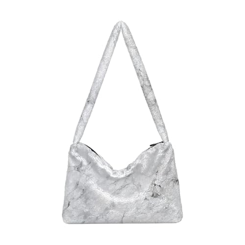 OWFKAY Plüsch Unterarmtasche - Weiß Marmor Damen Flauschige Umhängetasche Frauen Flauschige Tote Bag für Herbst und Winter von OWFKAY