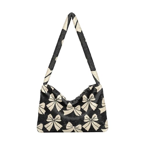 OWFKAY Plüsch Unterarmtasche - Weiß Schleife Muster Damen Flauschige Umhängetasche Frauen Flauschige Tote Bag für Herbst und Winter von OWFKAY