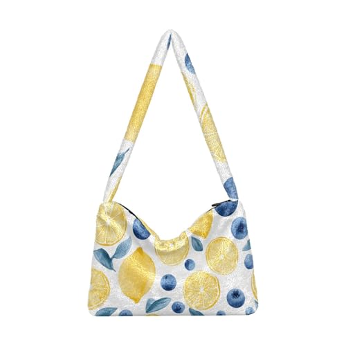 OWFKAY Plüsch Unterarmtasche Zitrone Blaubeere Muster Damen Flauschige Umhängetasche Frauen Flauschige Tragetasche für Herbst und Winter von OWFKAY