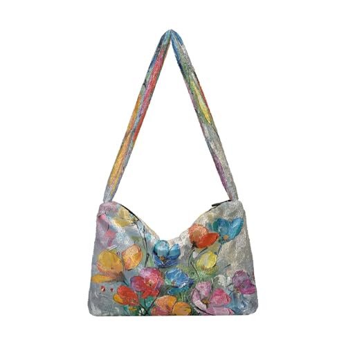 OWFKAY Plüsch-Unterarmtasche für Damen, Handtasche, flauschige Geldbörse, Schultertasche für Winter, Ölgemälde, bunte Blumen von OWFKAY