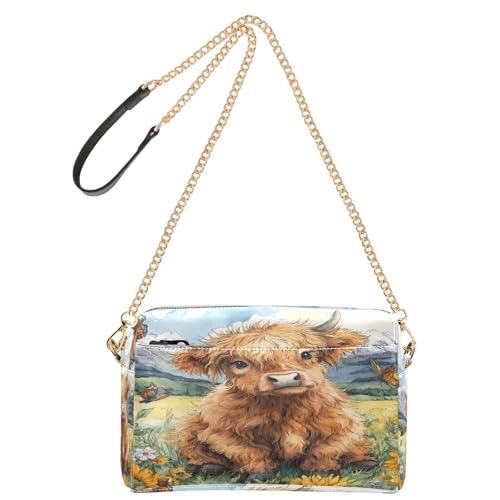 OWFKAY Umhängetaschen für Damen, PU-Leder, Umhängetasche, Kuriertasche, Handtasche, verstellbarer breiter Riemen, Sonnenblume, Hochlandkuh von OWFKAY