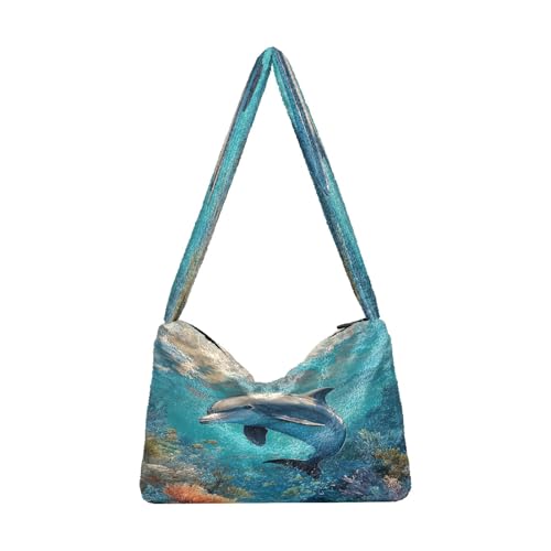 Plüsch Unterarmtasche Damen Tote Handtaschen Damen Flauschige Geldbörse Schultertasche für Winter Delfin im Ozean von OWFKAY
