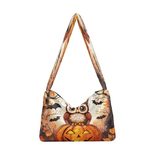 Plüsch Unterarmtasche Damen Tote Handtaschen Damen Flauschige Geldbörse Schultertasche für Winter Eule Kürbis Halloween von OWFKAY