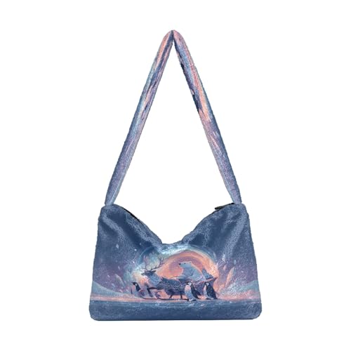Plüsch Unterarmtasche Damen Tote Handtaschen Damen Flauschige Geldbörse Schultertasche für Winter Hirsch Ziehen Schlitten durch den Aurora Arch Eisbären und Pinguine und Kristallreste von Papier von OWFKAY
