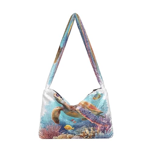 Plüsch Unterarmtasche Damen Tote Handtaschen Damen Flauschige Geldbörse Schultertasche für Winter Meeresschildkröte im Ozean von OWFKAY