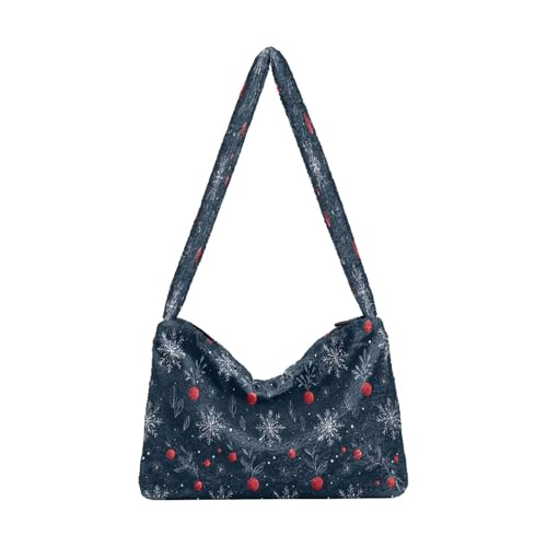 Plüsch Unterarmtasche Damen Tote Handtaschen Damen Flauschige Geldbörse Schultertasche für Winter Nahtlose Muster auf dunkelblauem Hintergrund bedruckt mit weihnachtlichen Schneeflocken und Blättern von OWFKAY