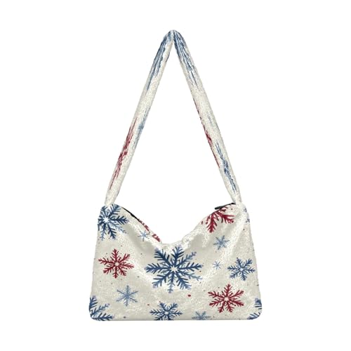 Plüsch Unterarmtasche Damen Tote Handtaschen Damen Flauschige Geldbörse Schultertasche für Winter Rot Blau Schneeflocken Muster Plüsch Unterarmtasche Damen Tote Handtaschen Damen Flauschige Geldbörse Schultertasche für Winter Rot Blau Schneeflocken Muster von OWFKAY
