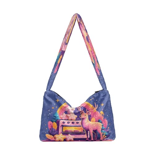 Plüsch Unterarmtasche Damen Tote Handtaschen Damen Flauschige Geldbörse Schultertasche für Winter Schneeflocke Kekse Kochmütze Regenbogen Ofen Hirsch von OWFKAY