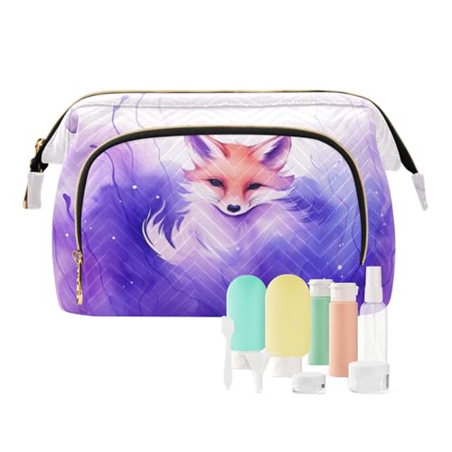 Reise-Make-up-Tasche, Aquarell-Fuchs, Violett, großes Fassungsvermögen, Kosmetiktasche für Damen, mehrfarbig, Einheitsgröße, Casual Reise-Make-up-Tasche, Aquarell-Fuchs, Violett, großes Fassungsvermögen, Kosmetiktasche für Damen, mehrfarbig, Einheitsgröße, Casual von OWFKAY