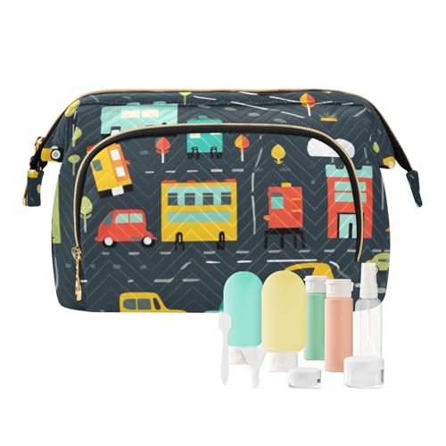 Reise-Make-up-Tasche, Cartoon-Bus, Auto, Fahrzeug-Muster, große Kapazität, Kosmetiktasche für Damen, mehrfarbig, Einheitsgröße, Casual Reise-Make-up-Tasche, Cartoon-Bus, Auto, Fahrzeug-Muster, große Kapazität, Kosmetiktasche für Damen, mehrfarbig, Einheitsgröße, Casual von OWFKAY
