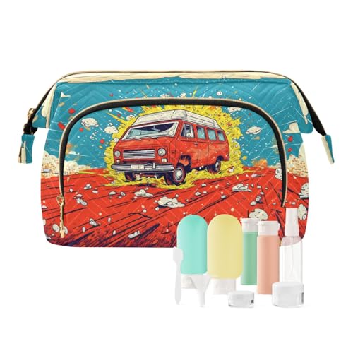 Reise-Make-up-Tasche, Cartoon-Motiv, rotes Fahrzeug, das auf der Straße läuft, große Kapazität, Kosmetiktasche für Damen, mehrfarbig, Einheitsgröße, Casual Reise-Make-up-Tasche, Cartoon-Motiv, rotes Fahrzeug, das auf der Straße läuft, große Kapazität, Kosmetiktasche für Damen, mehrfarbig, Einheitsgröße, Casual von OWFKAY