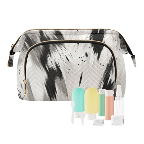 Reise-Make-up-Tasche, Grau und Schwarz, abstraktes Muster, große Kapazität, Kosmetiktasche für Damen, mehrfarbig, Einheitsgröße, Casual Reise-Make-up-Tasche, Grau und Schwarz, abstraktes Muster, große Kapazität, Kosmetiktasche für Damen, mehrfarbig, Einheitsgröße, Casual von OWFKAY