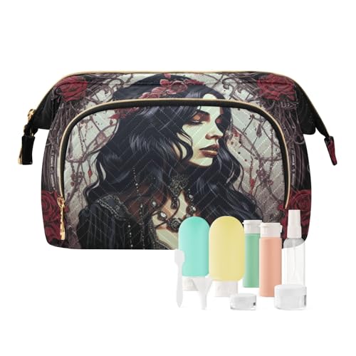 Reise-Make-up-Tasche, Kosmetiktasche für Damen, Motiv: Schönheit und Rosen, große Kapazität, mehrfarbig, Einheitsgröße, Casual Reise-Make-up-Tasche, Kosmetiktasche für Damen, Motiv: Schönheit und Rosen, große Kapazität, mehrfarbig, Einheitsgröße, Casual von OWFKAY