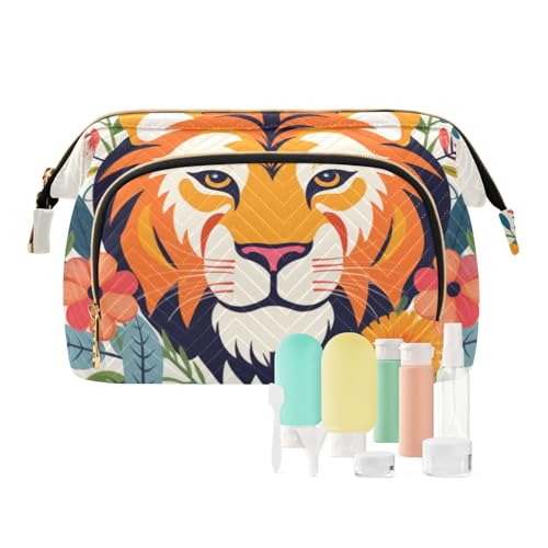Reise-Make-up-Tasche, Löwe und Blumen, große Kapazität, Kosmetiktasche für Damen, mehrfarbig, Einheitsgröße, Casual Reise-Make-up-Tasche, Löwe und Blumen, große Kapazität, Kosmetiktasche für Damen, mehrfarbig, Einheitsgröße, Casual von OWFKAY