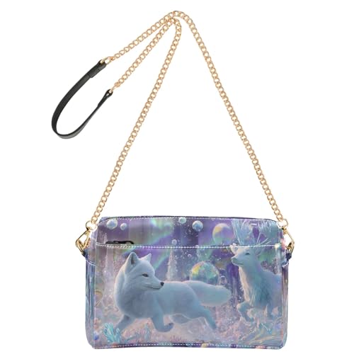 Umhängetaschen für Damen, PU-Leder, Umhängetaschen, Kurierhandtaschen, verstellbarer breiter Riemen, Schneefuchs und Kristallhirsch, jagt Regenbogenblasen unter Aurora-Blasen, die in Eisblumen platzen Umhängetaschen für Damen, PU-Leder, Umhängetaschen, Kurierhandtaschen, verstellbarer breiter Riemen, Schneefuchs und Kristallhirsch, jagt Regenbogenblasen unter Aurora-Blasen, die in Eisblumen platzen von OWFKAY
