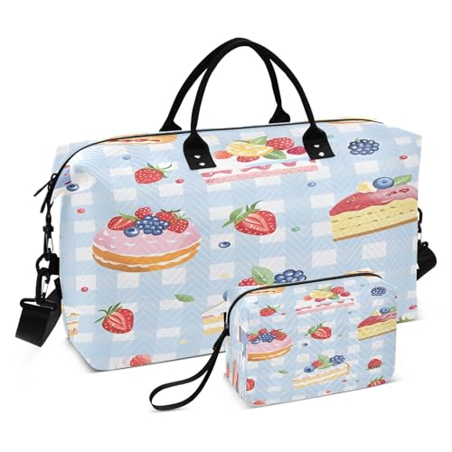 Weekender Bags Reisetasche, Turnbeutel, kariert, blaue Beeren, Kuchen, Muster, Handgepäcktasche mit Kulturbeutel für Flugzeug, Reisen, Fitnessstudio, Yoga, Karierte blaue Beerenkuchen, Einheitsgröße von OWFKAY