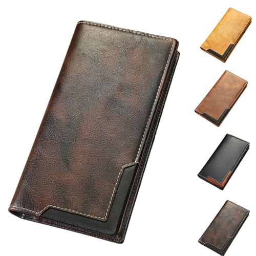 OWGHFZBV Retro-Geldbörse aus Rindsleder, Herren-Scheckheft-Geldbörse aus Leder, mit Mehreren Fächern und Ziernähten OWGHFZBV Retro-Geldbörse aus Rindsleder, Herren-Scheckheft-Geldbörse aus Leder, mit Mehreren Fächern und Ziernähten von OWGHFZBV