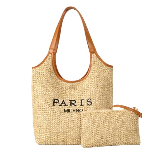 OWGSEE Stroh-Tragetaschen für Damen, Sommer-Geldbörsen und Handtaschen, Schultertasche, gewebter Bast, Strandtasche mit Münzgeldbörse, Khaki, Medium OWGSEE Stroh-Tragetaschen für Damen, Sommer-Geldbörsen und Handtaschen, Schultertasche, gewebter Bast, Strandtasche mit Münzgeldbörse, Khaki, Medium von OWGSEE