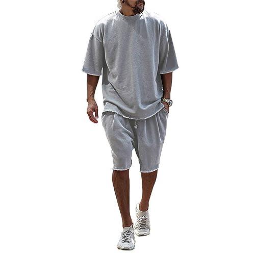 Herren Trainingsanzug Sommer Sportanzug 2 Teiliges Business Polo Hemd Set Kurzarm T-Shirts Kurze Hose Freizeitanzug Einfarbig Sommer T-Shirt Herren C-Light Grey1 L von OWLKAY