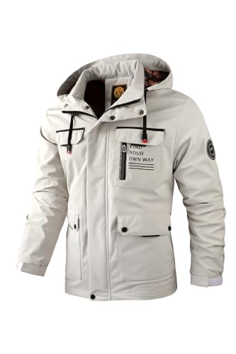 OWLKAY Casual Jacke Herren Lose Mittlere Länge Jacke Herren Reißverschlussleiste Mehrere Taschen Design Hoodie Jacke Herren Einfachheit All-Match Langarm Jacke Herren E-White XL von OWLKAY