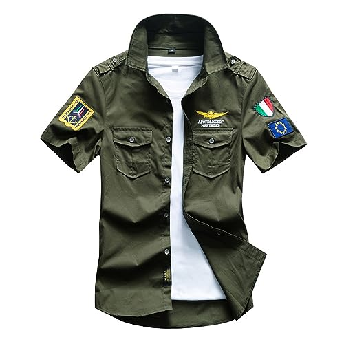 OWLKAY Herrenhemden Sommer Mode Revers Arbeitskleidung Persönlichkeit Lässige Kurzarmhemden Outdoor Freizeithemden Slim Fit Kurzarm Herren A-Army Green 5XL von OWLKAY