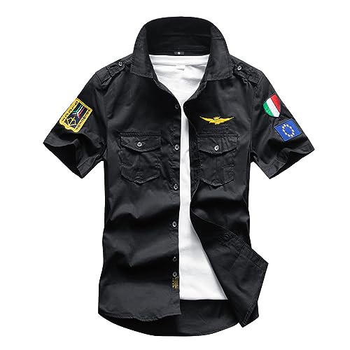 OWLKAY Herrenhemden Sommer Mode Revers Arbeitskleidung Persönlichkeit Lässige Kurzarmhemden Outdoor Freizeithemden Slim Fit Kurzarm Herren E-Black 6XL von OWLKAY