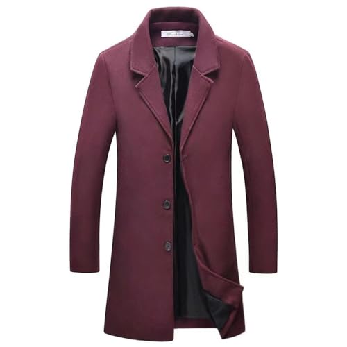 OWLKAY Tweed Jacke Herren Herbst Winter Slim Fit Langarm Jacke Herren Mittlere Länge Britischer Stil Herren Coat Mantel Einfarbig Winddichte Jacke Herren D-Wine Red 4XL von OWLKAY