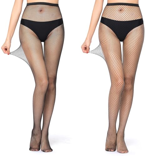OWLMATE 2pcs Netzstrumpfhose Schwarz Elastisch Hohe Taille Schenkelhohe Netzstrumpfhose Netzstrümpfe Mode Fishnet Stockings (Mitte Kleines Netz) von OWLMATE
