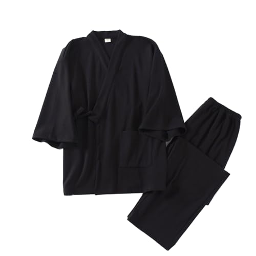 OWLONLINE Samt-Pyjamaanzug aus japanischem Kimono für Herren in Übergröße (Größe XL, Schwarz) von OWLONLINE