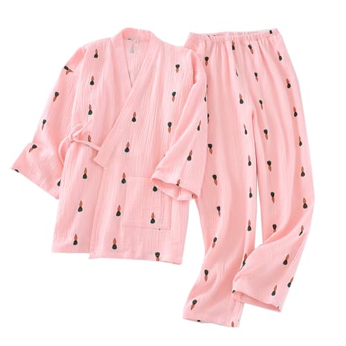 OWLONLINE Weicher, Reiner Pyjama aus Baumwollkrepp für Damen, japanischer Kimono-Pyjama, Größe L-C7 von OWLONLINE