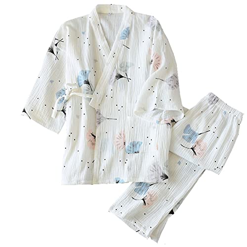 OWLONLINE Weicher, Reiner Pyjama aus Baumwollkrepp für Damen, japanischer Kimono-Pyjama, Größe M-C1 von OWLONLINE