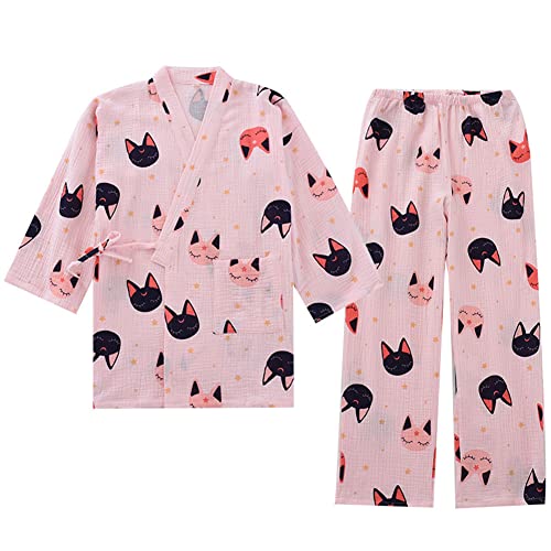 OWLONLINE Weicher, Reiner Pyjama aus Baumwollkrepp für Damen, japanischer Kimono-Pyjama, Größe M-C11 von OWLONLINE