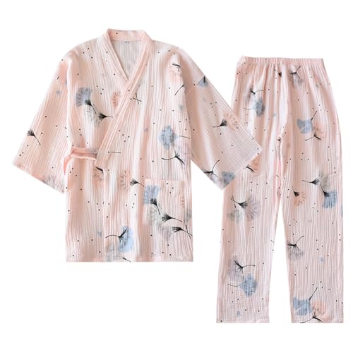 OWLONLINE Weicher, Reiner Pyjama aus Baumwollkrepp für Damen, japanischer Kimono-Pyjama, Größe XL-C15 von OWLONLINE