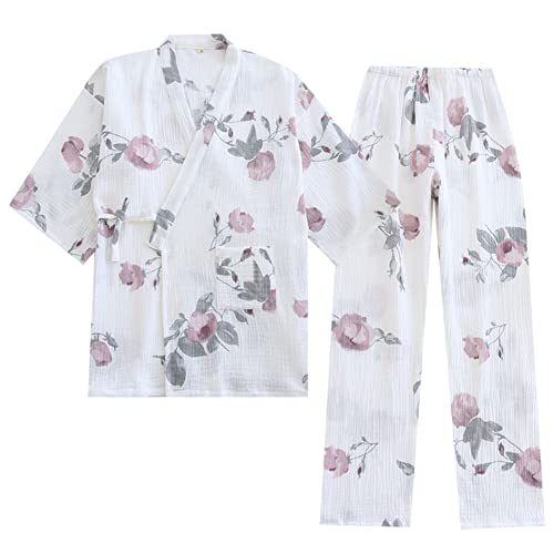 OWLONLINE Weicher, Reiner Pyjama aus Baumwollkrepp für Damen, japanischer Kimono-Pyjama, Größe XL-C3 von OWLONLINE