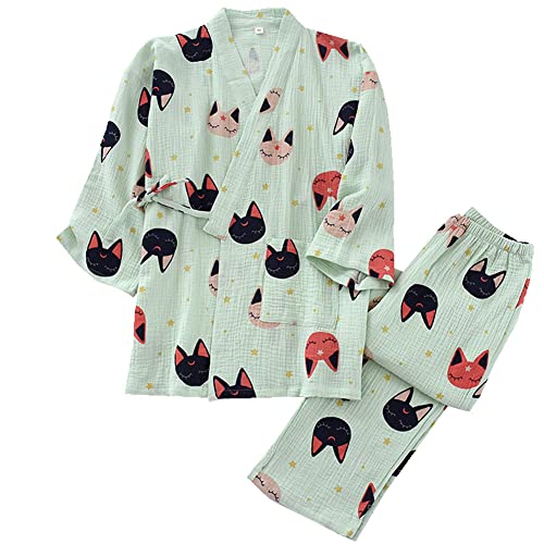 OWLONLINE Weicher, reiner Pyjama aus Baumwollkrepp für Damen, japanischer Kimono-Pyjama, Größe L-C13 von OWLONLINE