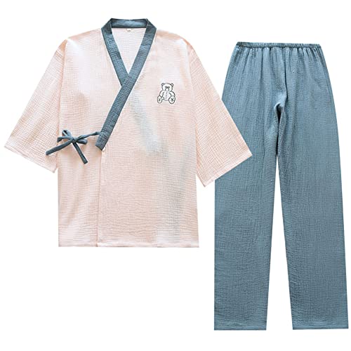 OWLONLINE Weicher, reiner Pyjama aus Baumwollkrepp für Damen, japanischer Kimono-Pyjama, Größe L-C19 von OWLONLINE