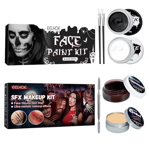 Halloween Schminke Set,Face Paint Weiß + Schwarz mit Makeup Pinsel,Kunstblut + Narbenwachs + Schaber Fake Blood Set,Kinderschminke,Halloween Make up Set,Clown Bilden Gesicht Körper Farbe Set von OWOAOOwl