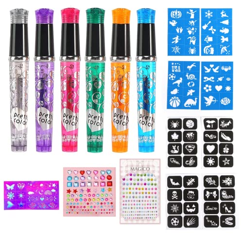 6Pcs Tattoo Stifte Kinder,Tattoo Gelstifte mit 8 Schablonen 80 Muster + Gesicht edelstein,Tattoo Gel-Stifte Set,Tattoo Stifte Set für Jungen Mädchen Halloween Party Verkleiden von OWOAOOwl