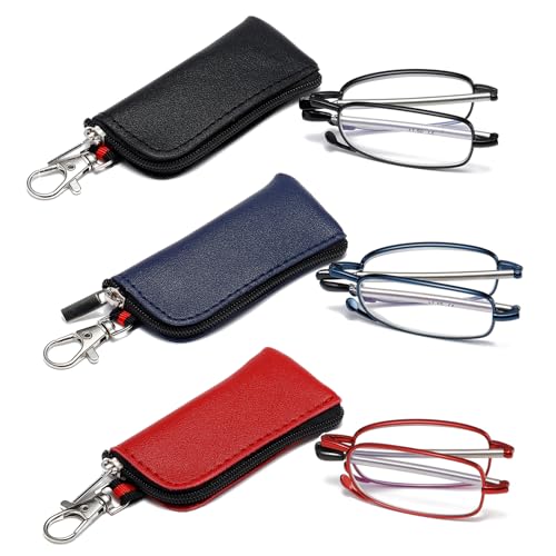 OWTXIS 3er-Pack Faltbare Lesebrille für Herren Damen, Schlüsselanhänger kompakte Leser blaues Licht tragbare Taschenbrille (Schwarz, blau, rot, +3.00) von OWTXIS