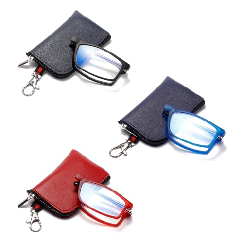 OWTXIS Faltbare Lesebrille für Frauen Männer, Schlüsselanhänger Taschen Kompakte Leser Blaues Licht Tragbare Taschenbrille (Schwarz, blau, rot, + 3.00) von OWTXIS
