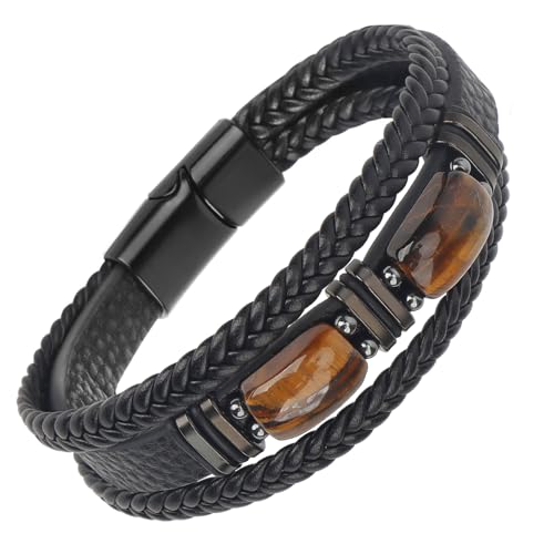 OWill Armband Herren,Schwarzes Natürlicher Tigerauge Lederarmband,Handgefertigt Mehrlagiges geflochtenes Armband mit Magnet Verschluss,männer geschenke,Vatertagsgeschenke von OWill