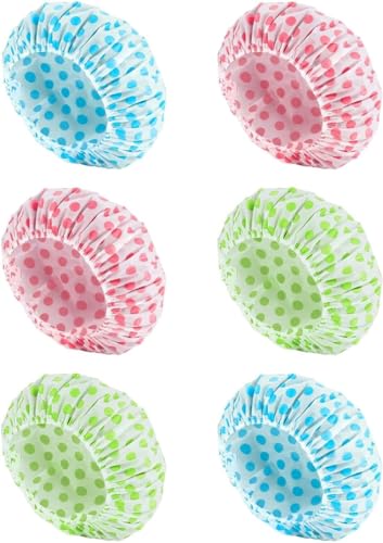 OWill Duschhaube für Damen,6 Stück,wasserdichte und wiederverwendbare duschhauben,Punktmuster shower cap 28 cm Breite mit elastischem Band,große Kunststoffkappe für langes Haar von OWill