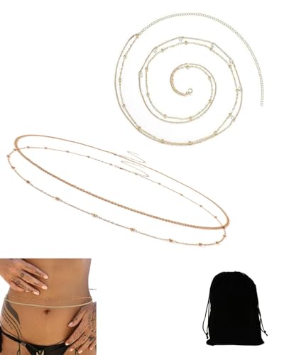OXDOHUE 2 Stück Bauchkette Gold Damen 14 Karat Vergoldet Hüftkette Bikini Kristall Taillenkette Verstellbare Pailletten Geschichtet Boho Belly Waist Chain Körperschmuck für Frauen und Mädchen von OXDOHUE