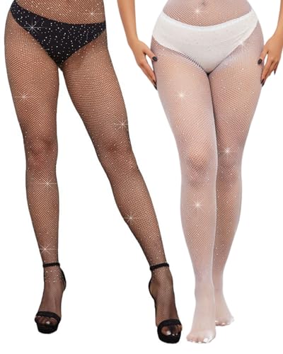 OXDOHUE 2 Stück Damen Glitzer Strumpfhose mit Strass, Glitzer Hose Glitzernde Glitzer Netzstrumpfhosen Strass Netzstrumpfhose für Partys, Performances, Tänze, Halloween, Cosplay - schwarz/hautfarben von OXDOHUE