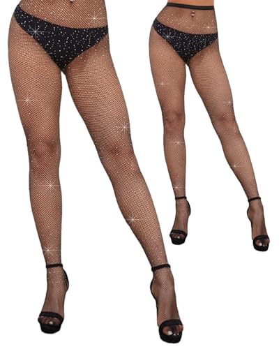 OXDOHUE 2 Stück Damen Glitzer Strumpfhose mit Strass, Glitzer Hose Glitzernde Glitzer Netzstrumpfhosen Strass Netzstrumpfhose für Partys, Performances, Tänze, Halloween, Cosplay - schwarz von OXDOHUE