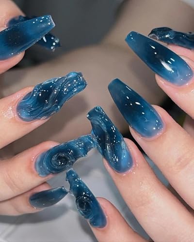 OXDOHUE 24 Stück Dunkelblaue dreidimensionale künstliche Nägel Blaues Ozeandesign mit Klebestift auf den Nägeln für Hochzeit, Geburtstag von OXDOHUE